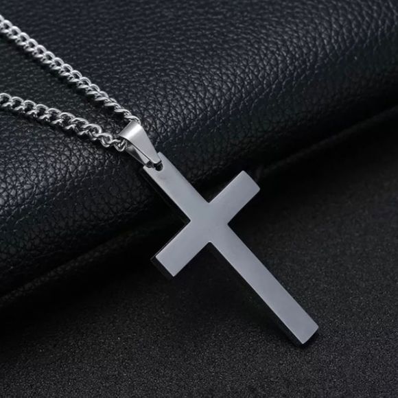 Silver Stainless Cross Pendant Fashion Necklace 17.5"-19.5” Adjustable Chain - Picture 2 of 5